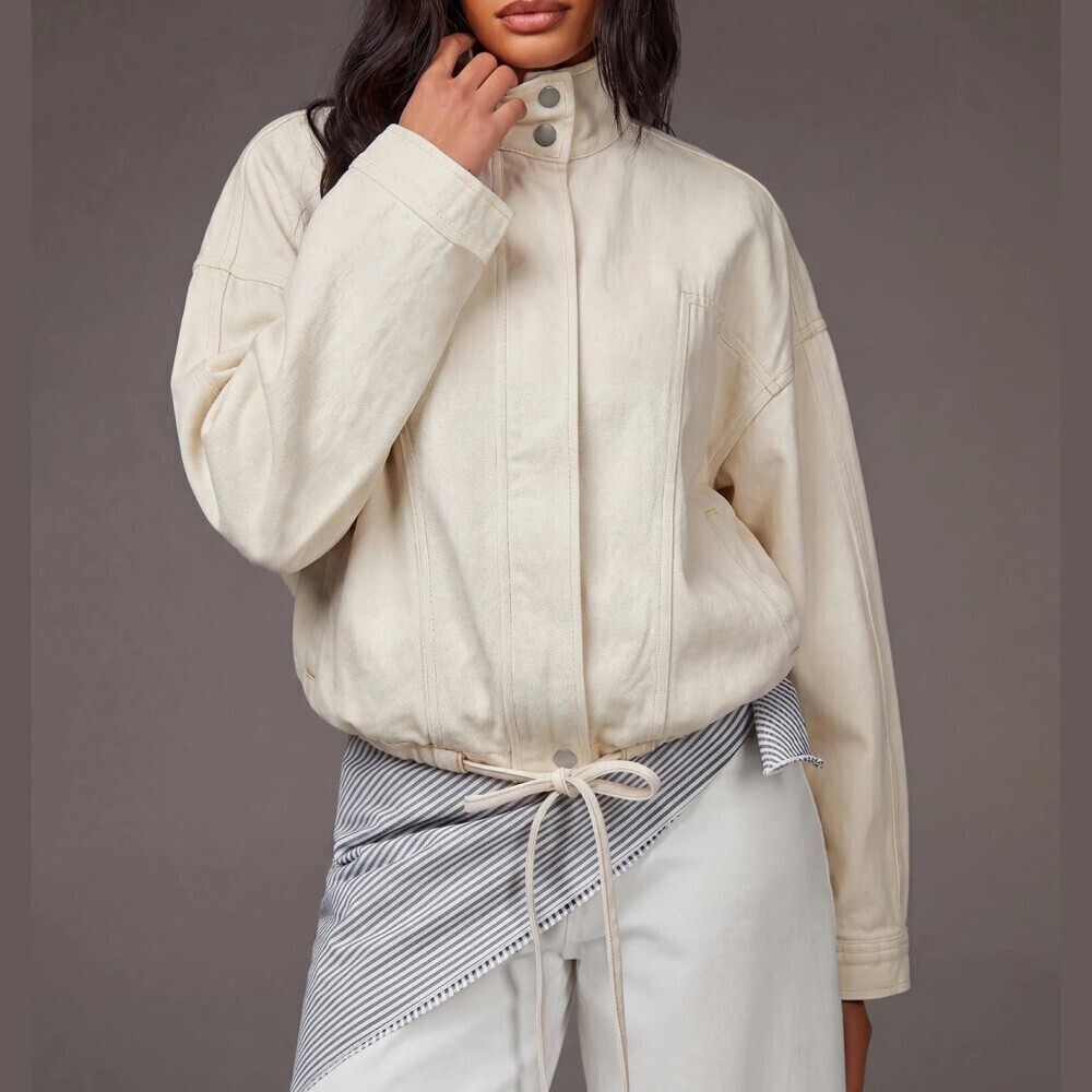 Cream Denim Button Collar Drawstring Waist Oversized Bomber Jacket